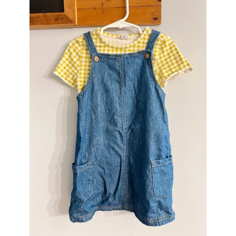 Toddler Girls Gingham Denim Overall Dress and Shirt Set Size 4T